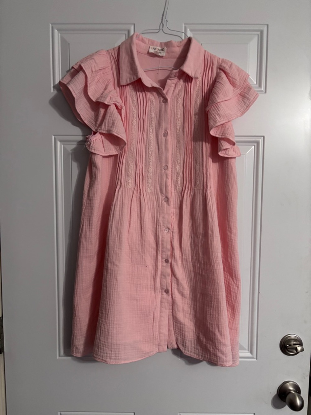 Pink Ruffle Sleeve Button-Front Dress